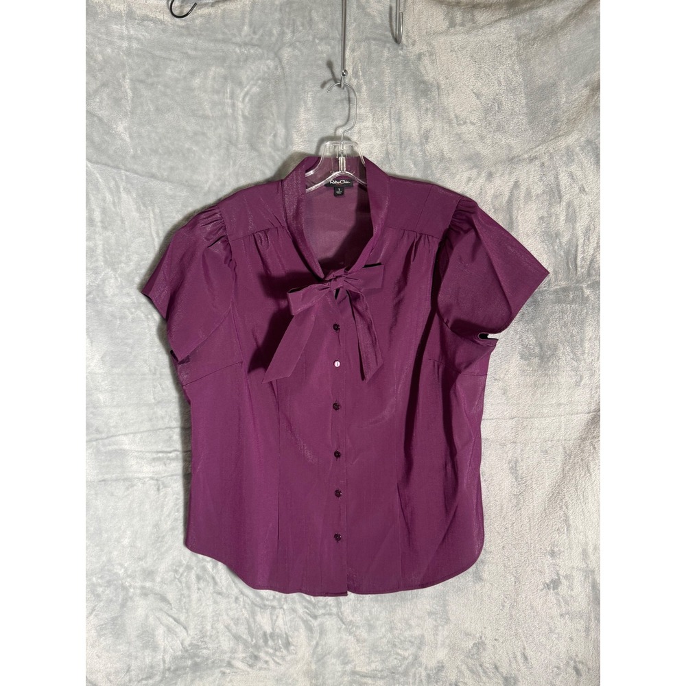 Torrid Retro Chic Purple Bow Blouse Puff Sleeve Button Top Size 1
14/16